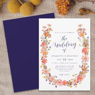 Navy Blue Boho Rustic Floral Wreath Fall Wedding Invitation