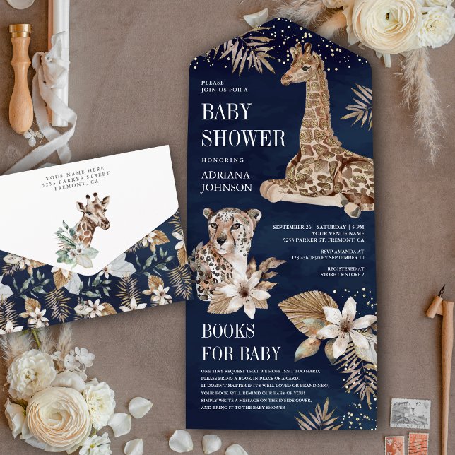 Navy Blue Boho Safari Leopard Giraffe Baby Shower All In One Invitation (Creator Uploaded)