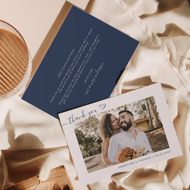 Navy Blue Boho Simple Photo Heart Script Wedding Thank You Card (Creator Uploaded)