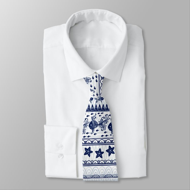 Navy Blue Boho Style Ocean Pattern Tie (Tied)