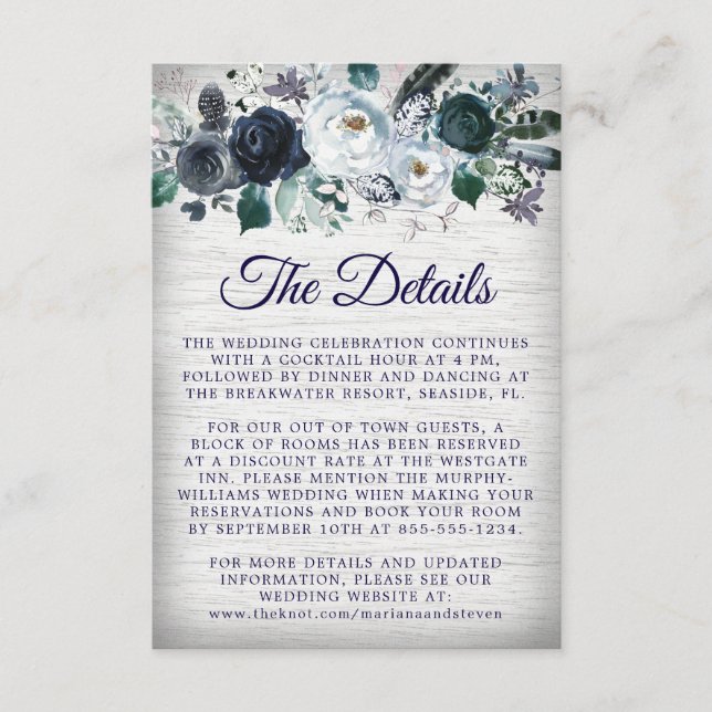 Navy Blue Boho Tribal Flora Wedding Details Enclosure Card (Front)