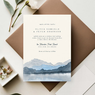 Navy Blue Boho Watercolor Mountain Photo Wedding Invitation
