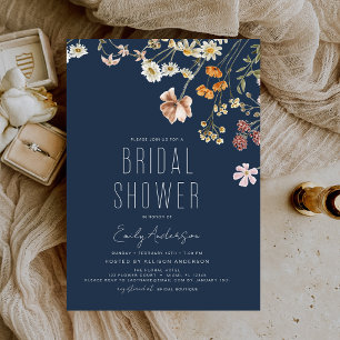 Navy Blue Boho Wildflower Bridal Shower Elegant Invitation