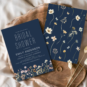Navy Blue Boho Wildflower Bridal Shower Elegant Invitation