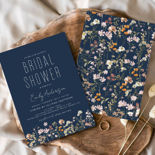 Navy Blue Boho Wildflower Bridal Shower Elegant Invitation