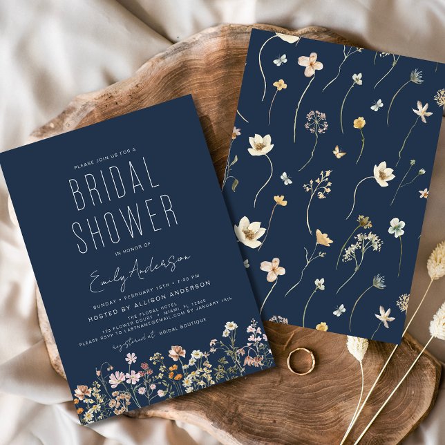 Navy Blue Boho Wildflower Bridal Shower  Invitation (Creator Uploaded)