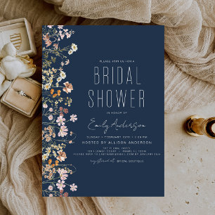 Navy Blue Boho Wildflower Bridal Shower Invitation