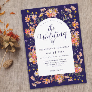 Navy Blue Boho Wildflower Fall Wedding Invitation