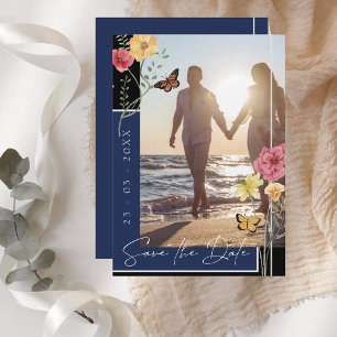 Navy Blue Boho Wildflower Photo Save the Date