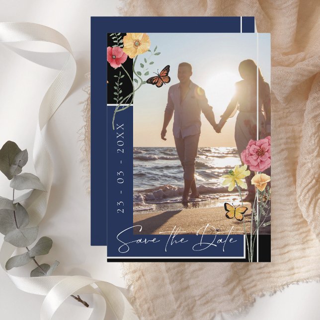 Navy Blue Boho Wildflower Photo Save the Date (Creator Uploaded)