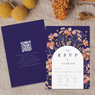 Navy Blue Boho Wildflower Rustic Floral Wedding RSVP Card