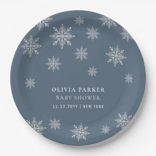 Navy Blue Boho Winter Snowflake Baby Shower Paper Plate