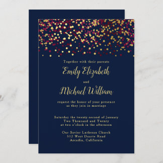 Navy Blue Bokeh Gold Wedding Invitation