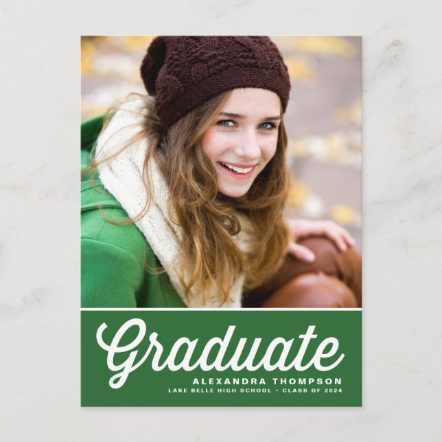 Navy Blue Bold Retro Script Photo Graduation Postcard (Front)