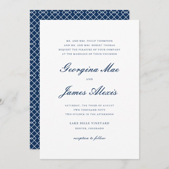 Navy Blue Bold Script Classic Wedding Invitation (Front/Back)