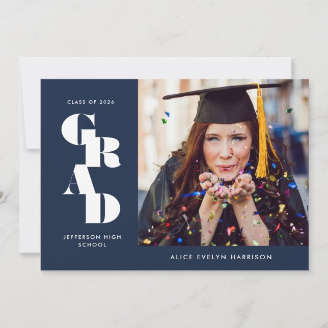 Navy Blue Bold Serif Single Photo Graduation Announcement (Front)
