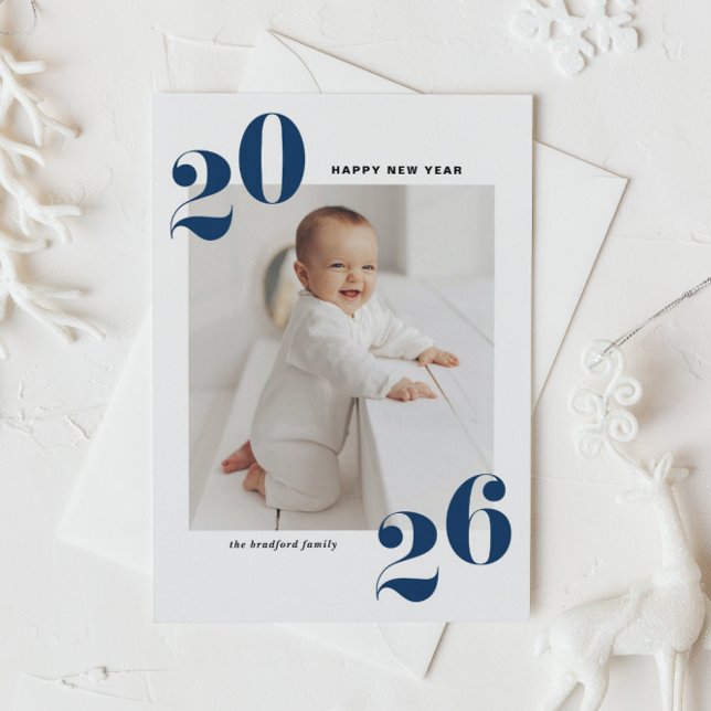 Navy Blue Bold Typography 2025 New Year Photo Holiday Postcard (Customizable photo Happy New Year postcard featuring 2026 in navy blue retro bold typography.)