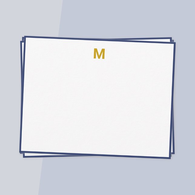Navy Blue Border Gold Minimalist Monogram Card (Navy blue border gold monogram note card)