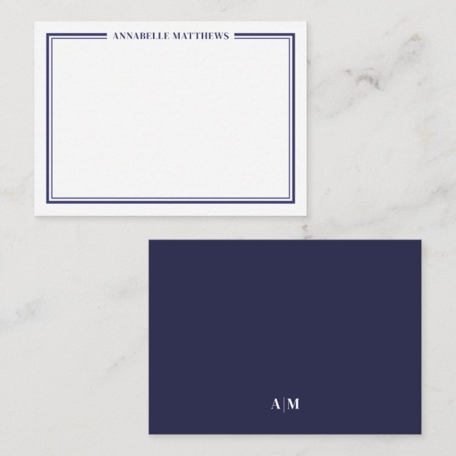 Navy Blue Border Minimalist Name Monogram Card (Front/Back)