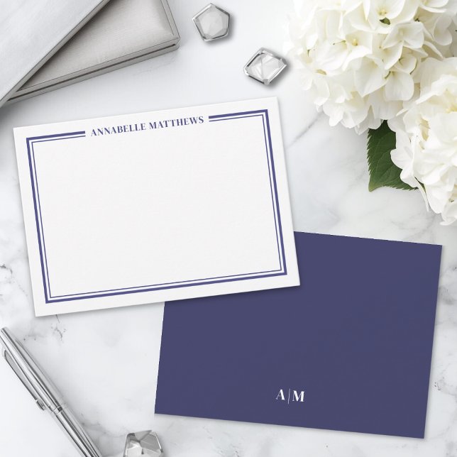 Navy Blue Border Minimalist Name Monogram Card (Navy Blue Border Minimalist Name Monogram Note Card)