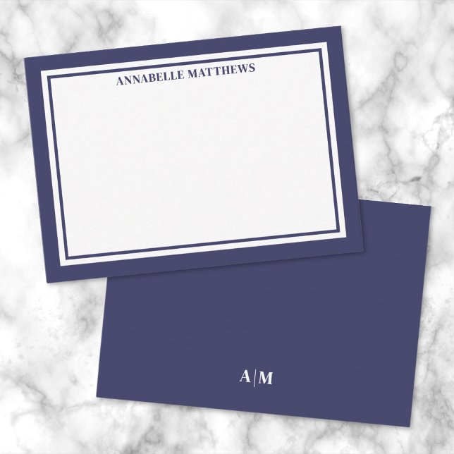Navy Blue Border Minimalist Name Monogram Card (Navy Blue Border Minimalist Name Monogram Note Card)