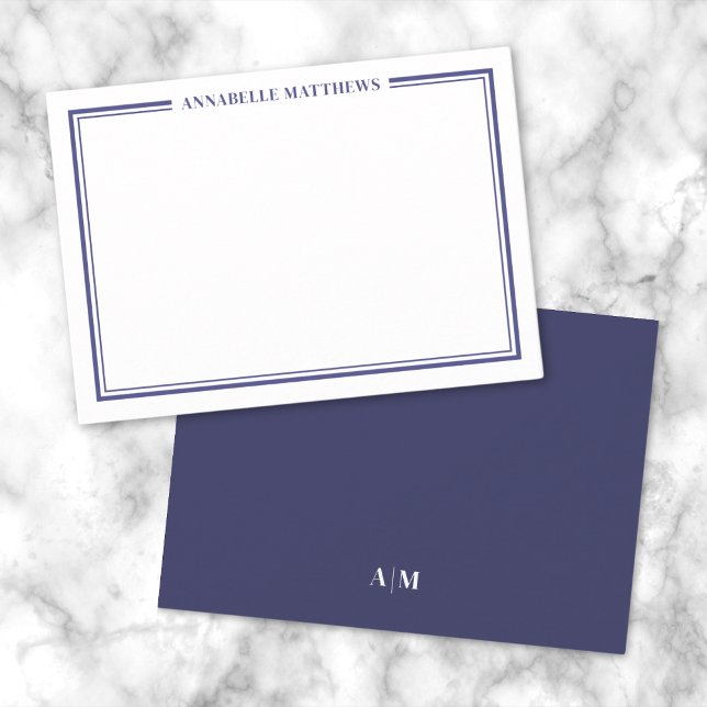 Navy Blue Border Minimalist Name Monogram Card (Navy Blue Border Minimalist Name Monogram Note Card)