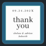 Navy Blue Border Simple Wedding Favour Square Sticker<br><div class="desc">Make a statement of understated elegance with this simple,  text-based wedding favour thank you sticker label featuring a border of nautical navy blue and aqua. Use the customisation option to change the colours and fonts to suit your wedding theme.</div>