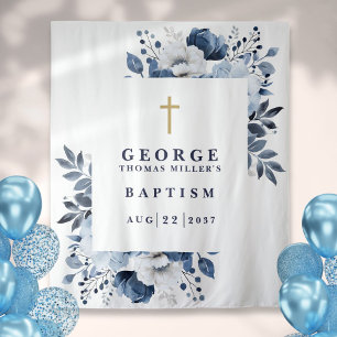 Navy Blue Botanical Baptism Photo Backdrop Tapestry