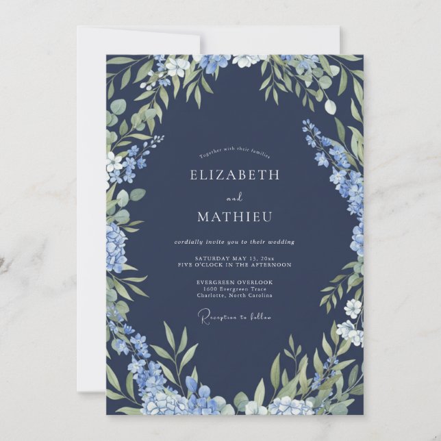 Navy Blue Botanical Embrace Wedding Invitation (Front)