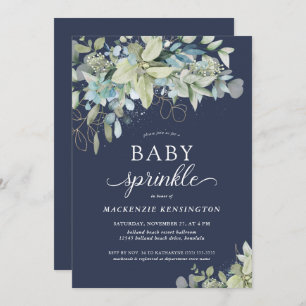 Navy Blue Botanical Eucalyptus Baby Sprinkle Invitation