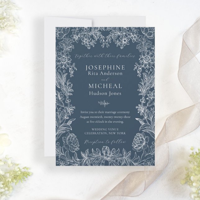 Navy Blue Botanical Floral Elegant  Invitation (Creator Uploaded)