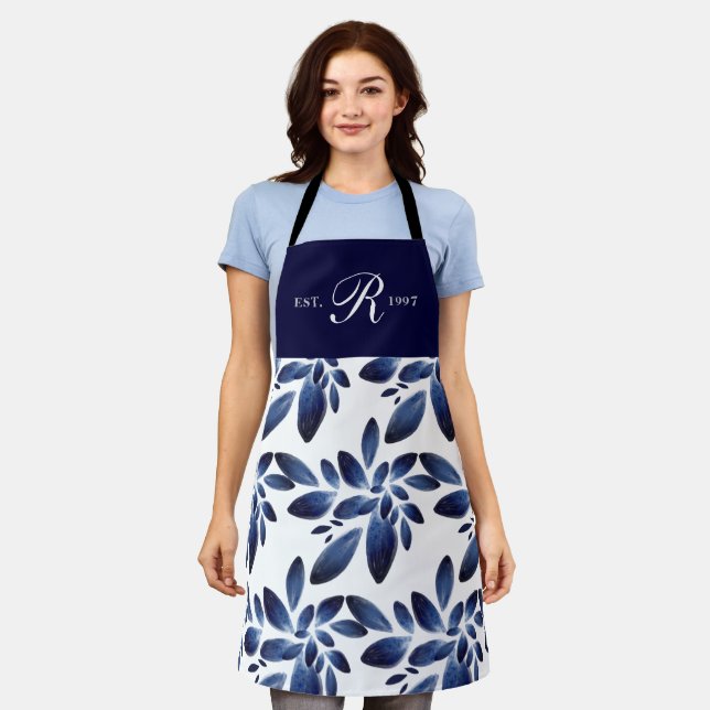 Navy Blue Botanical Foliage Monogrammed Apron (Worn)