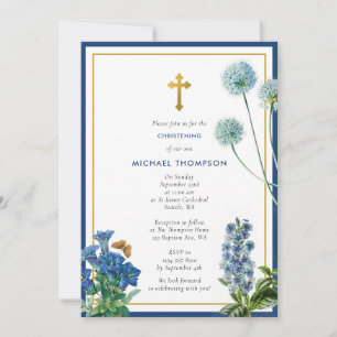 Navy Blue Botanical & Gold Baptism Christening Boy Invitation