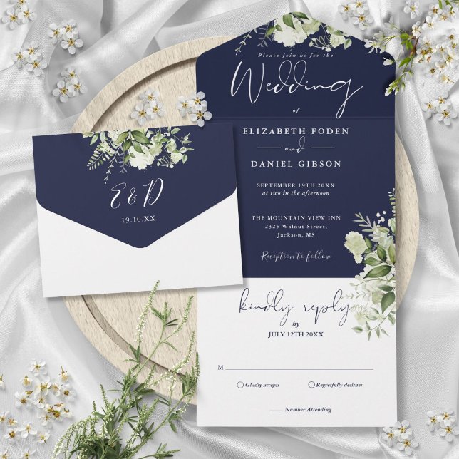 Navy Blue Botanical Greenery Monogram Wedding  All In One Invitation (Navy Blue Botanical Greenery Monogram Wedding All In One Invitation)