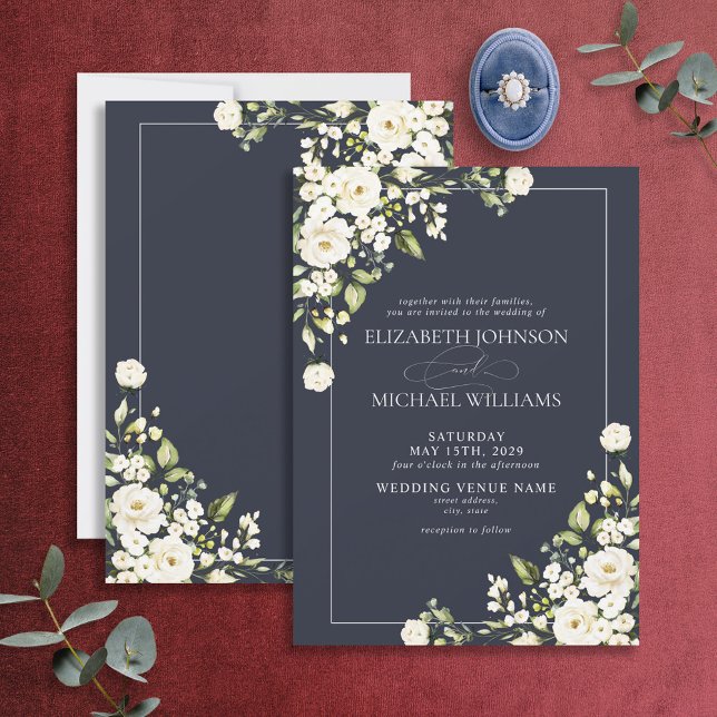Navy Blue Botanical Greenery White Floral Wedding Invitation (Creator Uploaded)