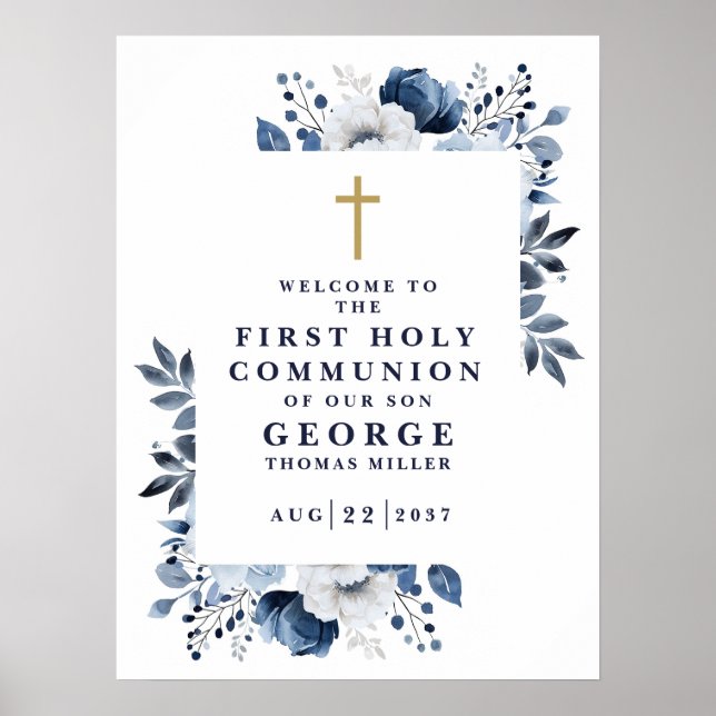 Navy Blue Botanical Holy Communion Welcome Sign (Front)