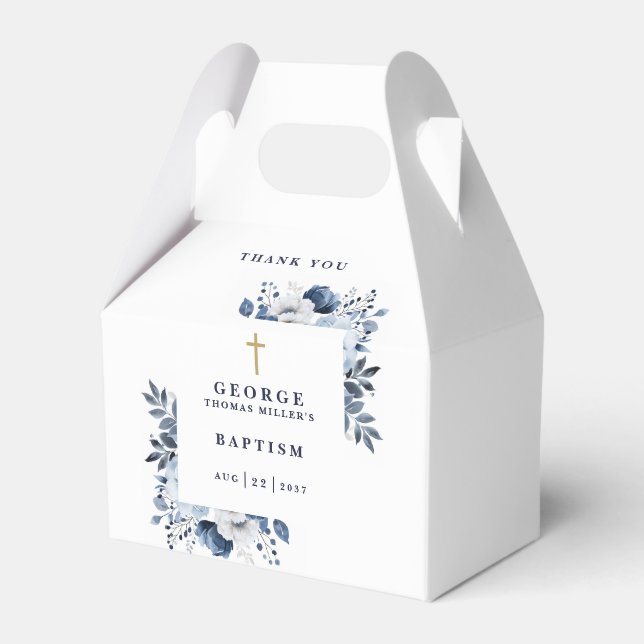 Navy Blue Botanical Modern Baptism Favour Box (Front Side)