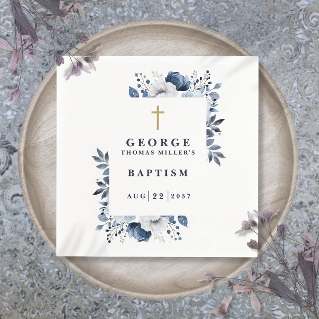 Navy Blue Botanical Modern Baptism Napkin (Navy Blue Botanical Modern Baptism Napkins)