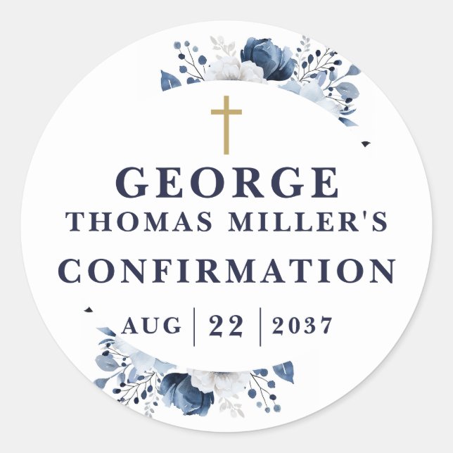 Navy Blue Botanical Modern Confirmation Classic Round Sticker (Front)