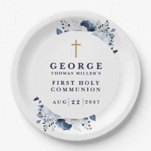 Navy Blue Botanical Modern First Holy Communion Paper Plate