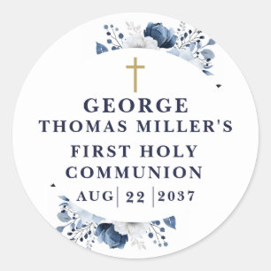 Navy Blue Botanical Modern Holy Communion Classic Round Sticker