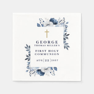 Navy Blue Botanical Modern Holy Communion Napkin