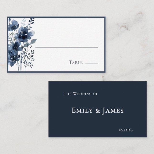 Navy Blue Botanical Wedding Place Card (Front/Back)