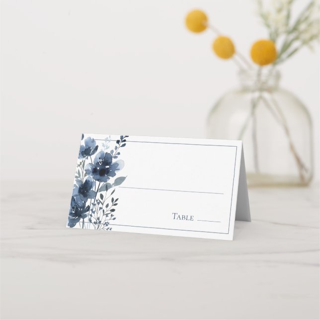 Navy Blue Botanical Wedding Place Card (Front)