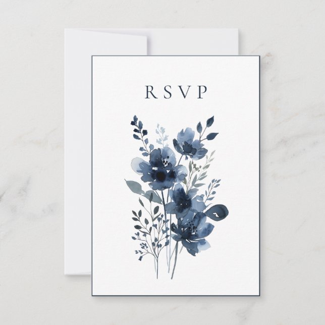 Navy Blue Botanical Wedding RSVP Card (Front)