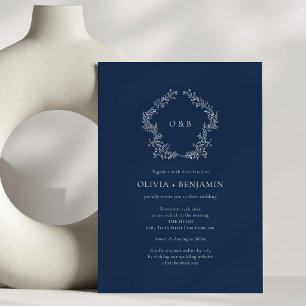 Navy Blue Botanical Wreath Classic Wedding Invitation