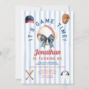 Navy Blue Bow Boy Baseball Game Time Birthday Invitation
