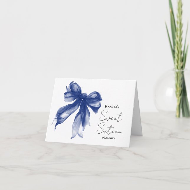 Navy Blue Bow Coquette Script Sweet 16 Thank You  Card (Front)