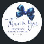Navy Blue Bow Favours Bridal Shower Thank You  Classic Round Sticker<br><div class="desc">Add a Touch of Charm with These Elegant Blue Bow Thank You Stickers. Looking to give your party favours and gifts that perfect finishing touch? These navy blue bow thank you stickers are just what you need! Featuring a beautiful watercolor bow paired with graceful, handwritten-style script, they bring a warm...</div>