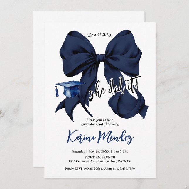 Navy Blue Bow Grad Party Invitation (Front/Back)